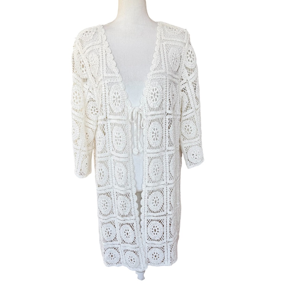 Solitaire‎ White Crochet Knit Cardigan Open Front Tie Longline Boho Womens